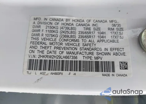 2020 Honda Cr-V Awd Lx из США, поврежденный, VIN 2HKRW2H29LH667356